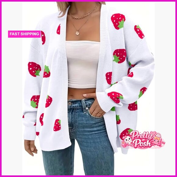 Plus Size Strawberry Floral Print Long Sleeve Open Front Cardigan Sweater